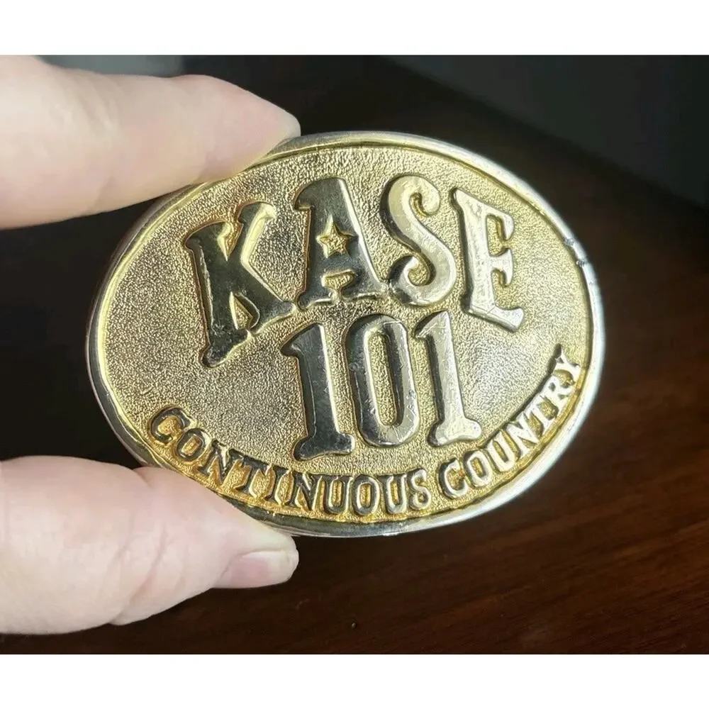Vtg 70s KASE 101 Brass Belt Buckle Country Western Radio Station Austin TX Gold